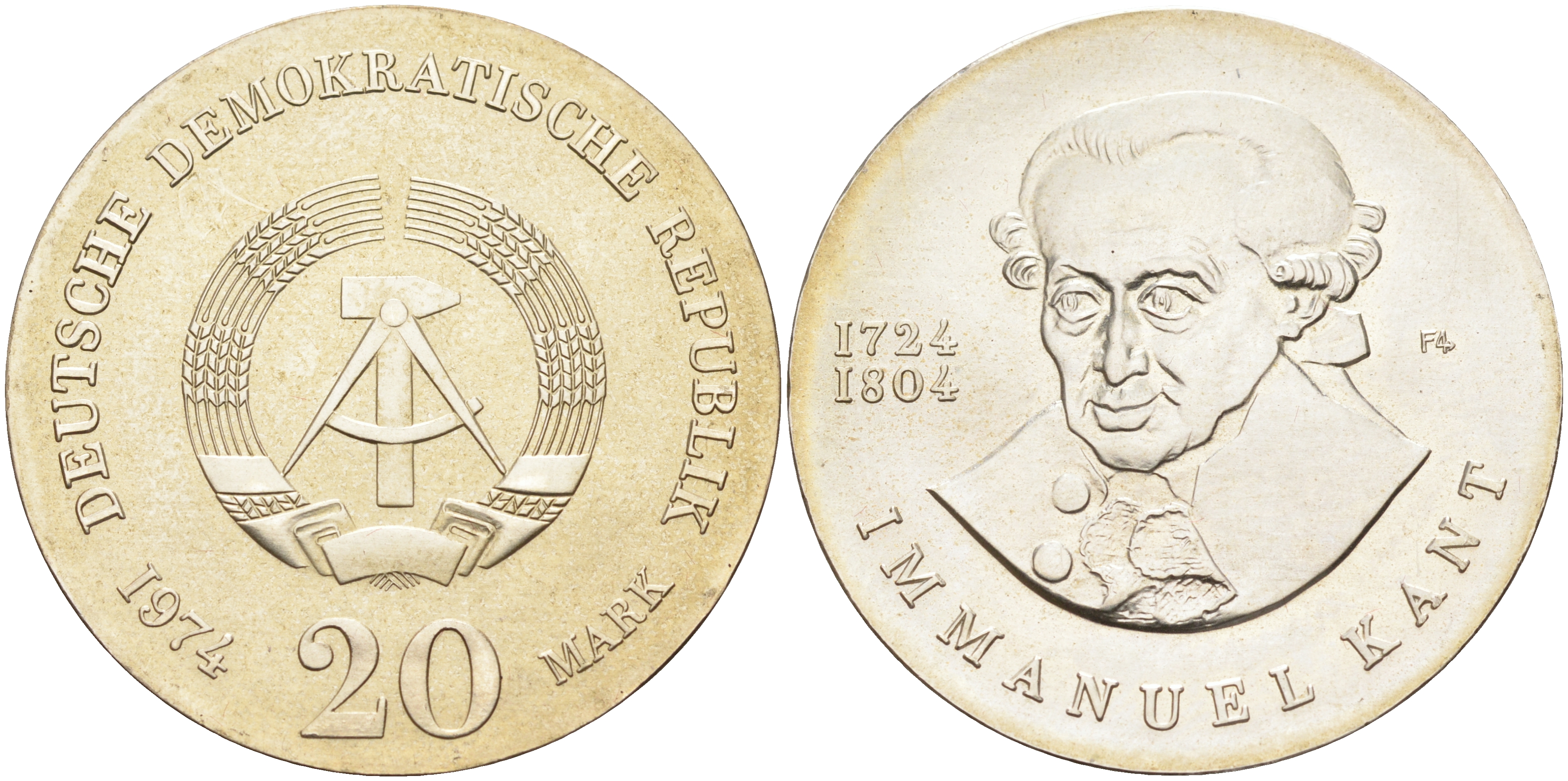 ГДР 20 марок 1974 А, 250 лет со дня смерти Иммануила Канта KM 53 серебро UNC 02-230-34