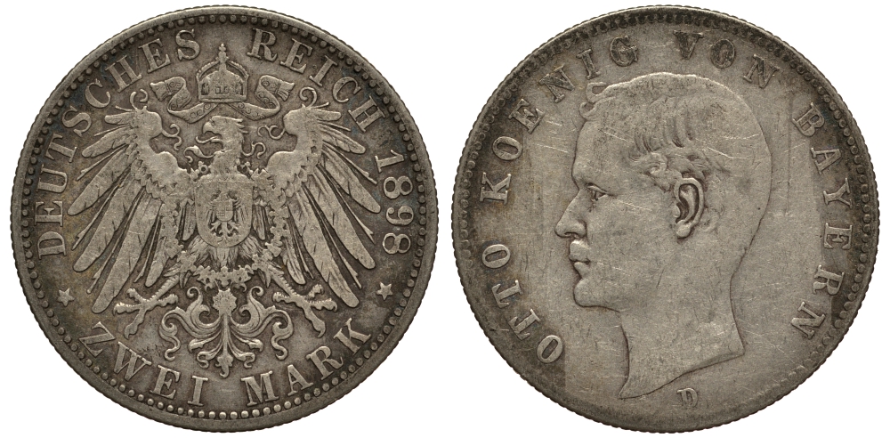 Бавария 2 марки 1898 D, Отто (1886-1913) Weege 44, J. 45, KM 511 серебро 3711-1822