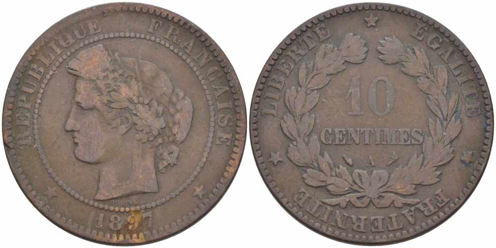 ФРАНЦИЯ 10 САНТИМОВ 1897 A, ТРЕТЬЯ РЕСПУБЛИКА (1871-1940) KM 815.1, LA FRANC 135.44 бронза 82-1224