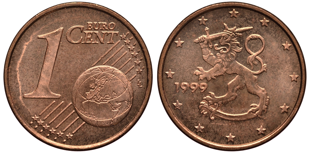 Финляндия 1 евроцент 1999 KM 98 сталь плакированная медью XF-UNC 4181-149
