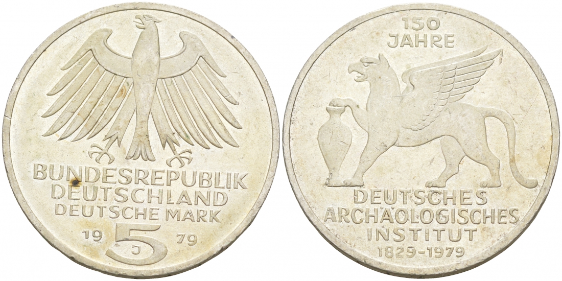 ФРГ 5 марок 1979 J, 150 лет со дня основания археологического института KM 150, J.425 серебро 3855-633
