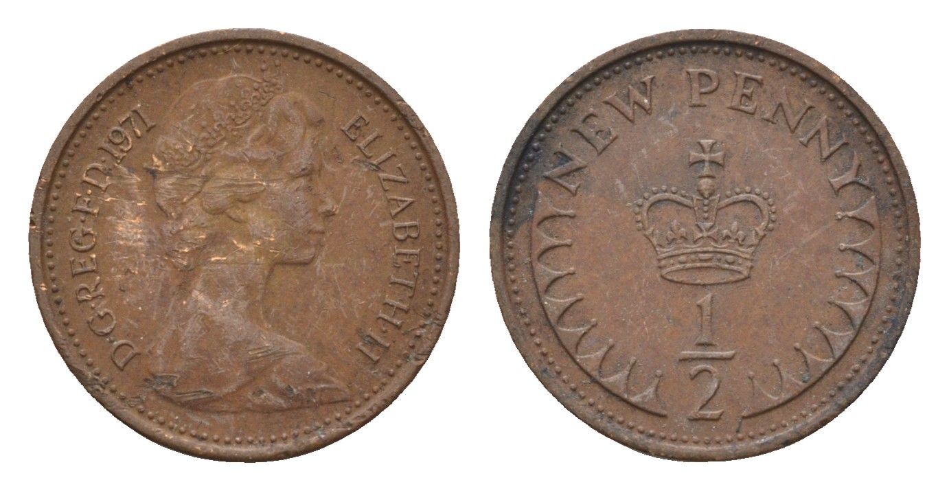 Великобритания 1/2 пенни 1971 Елизавета II (1952-2022) KM 914, Spink 4239 бронза 4697-868