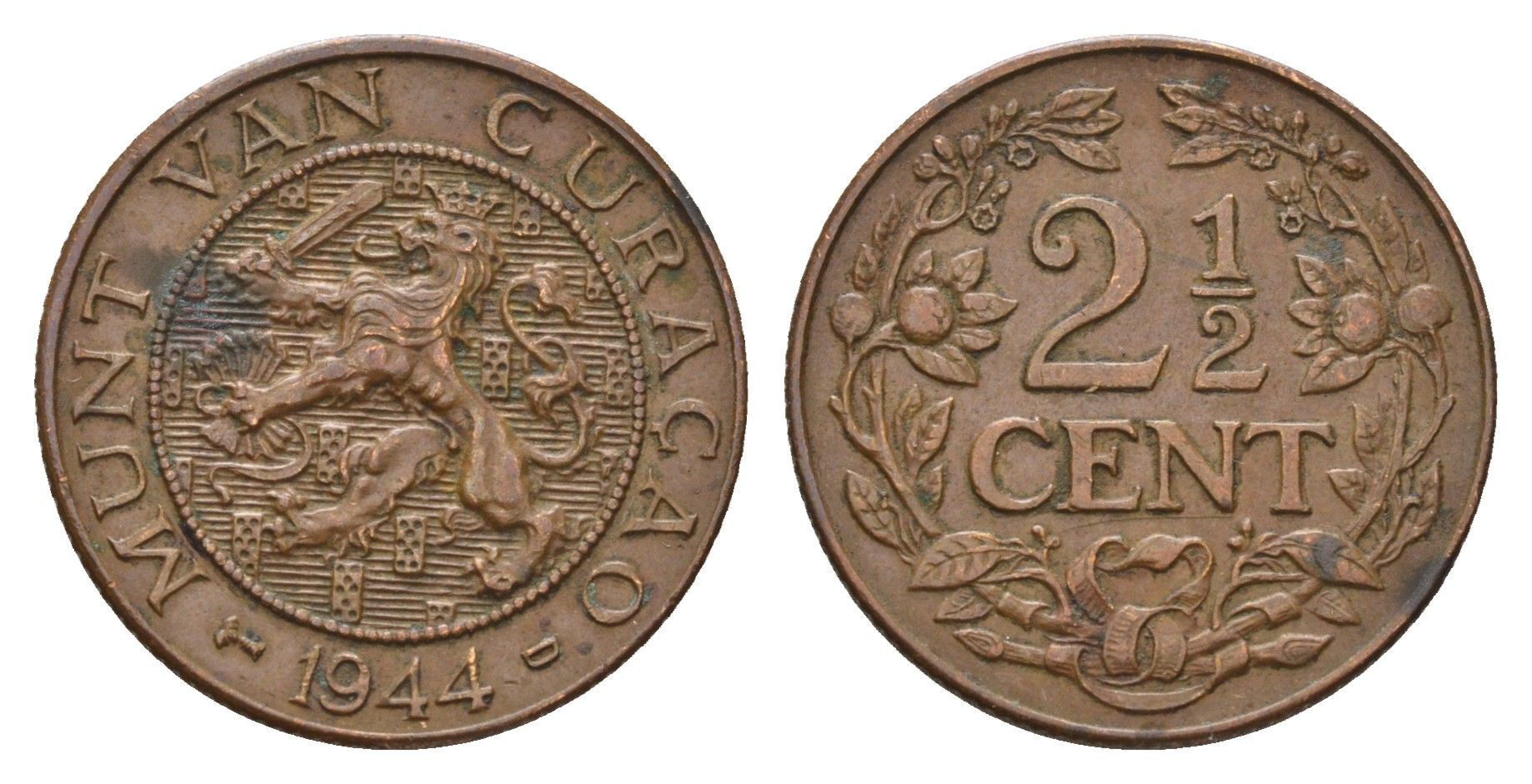 Кюрасао 2 1/2 цента 1944 KM 42 бронза 26-728