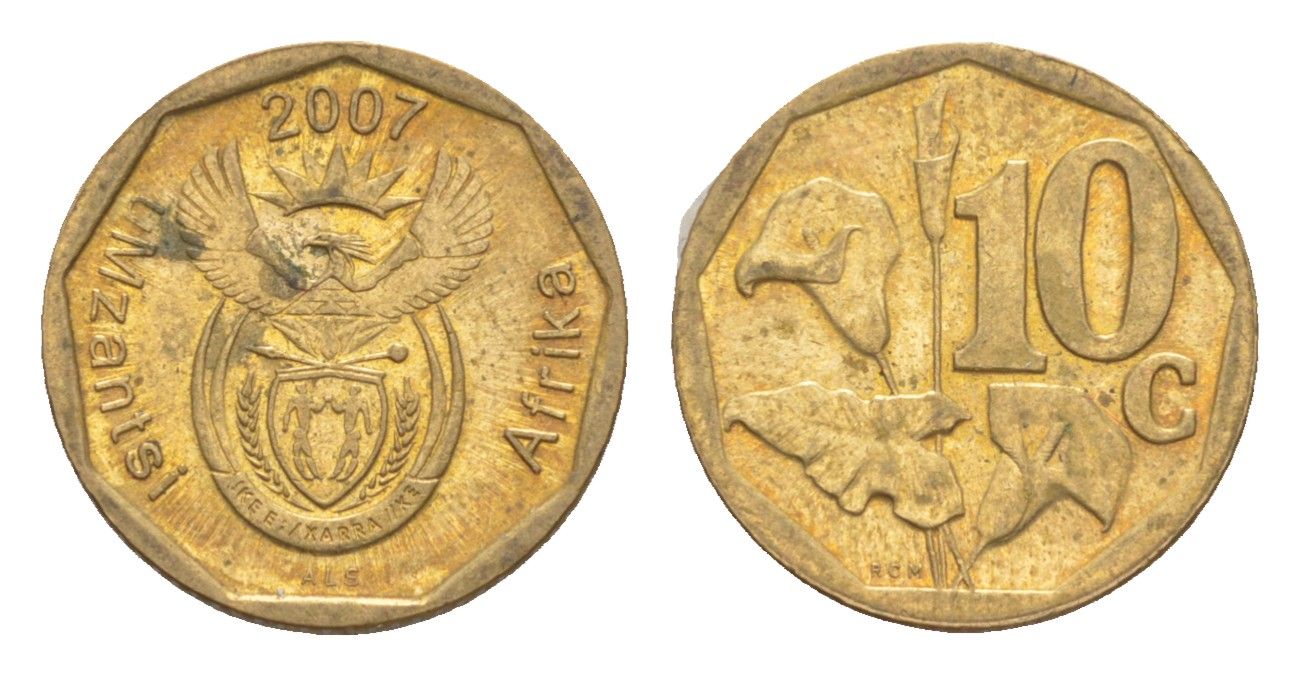 ЮАР 10 центов 2007 герб, цветок алоэ KM 341 сталь плакированная бронзой UNC 4621-1165