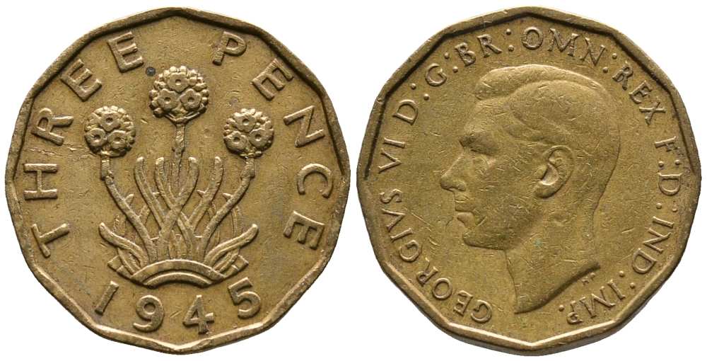 Великобритания 3 пенса 1945 Георг VI (1936-1952) KM 849, Spink 4112 никель латунь 1518-621