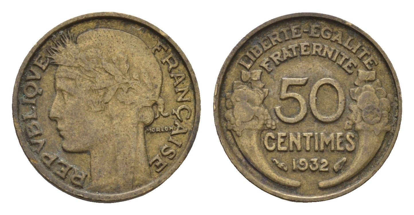 Франция 50 сантимов 1932 KM 894.1, Le Franc 192.15 алюминиевая бронза 4651-954