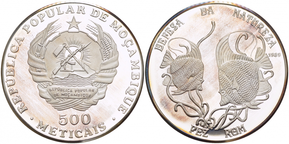 Мозамбик 500 метикалей 1989 серия зашита природы, серия зашита природы, рыба мавританский идол, тираж 2000 экз. KM 111 серебро PROOF 1068-1-21