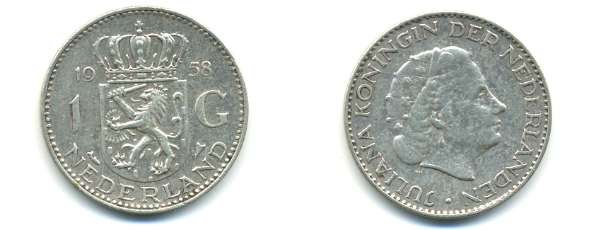 Нидерланды 1 гульден 1958 Юлиана (1948-1980) KM 184 серебро 83-747