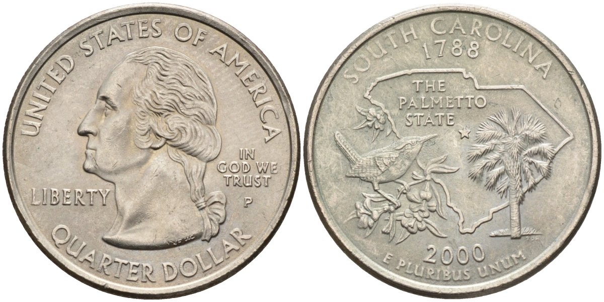 США 25 центов = квотер 2000 P, серия штаты США, Южная Каролина KM 307 медь плакированная медно-никелем 4586-134