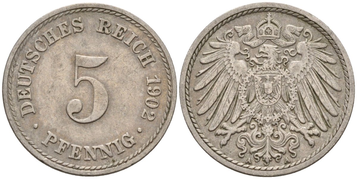 Германия 5 пфеннигов 1902 A KM 11, J. 12 медно-никель 4151-433