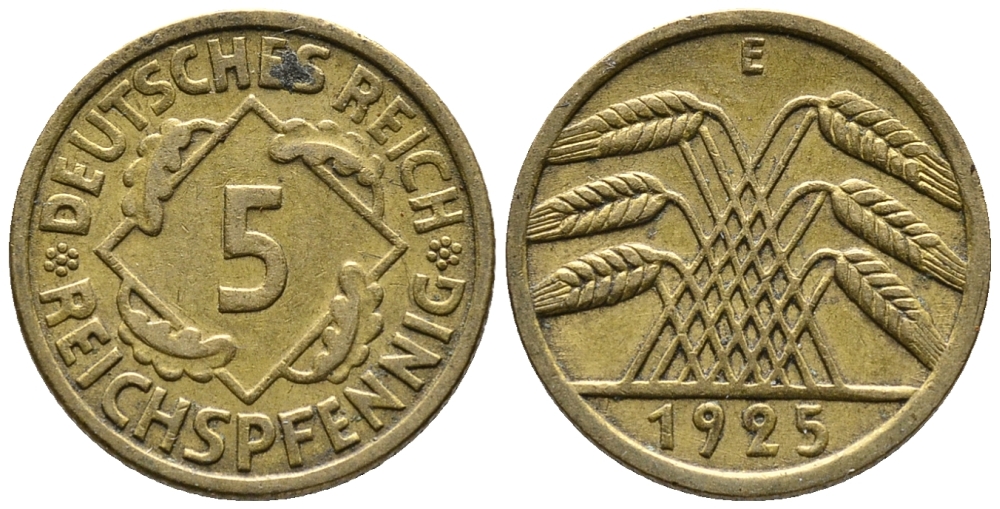 ГЕРМАНИЯ 5 РЕЙХСПФЕННИГОВ 1925 E KM 39, J. 316 алюминиевая бронза 39-553