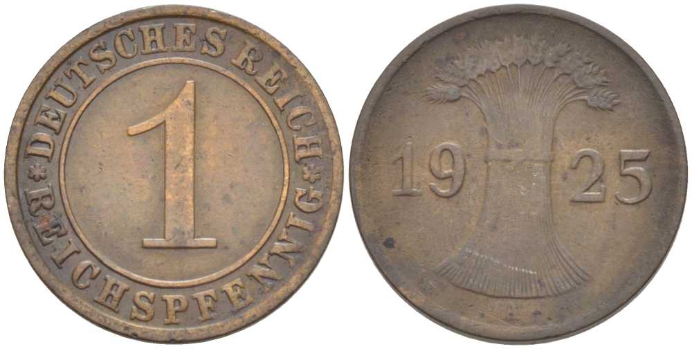 ГЕРМАНИЯ 1 РЕЙХСПФЕННИГ 1925 A KM 37, J. 313, Weege 2 бронза 206-819