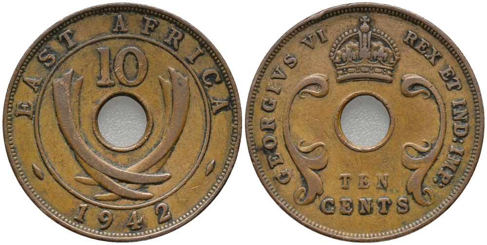 Британская Восточная Африка 10 центов 1942 Георг VI (1936-1952) KM 26.2 бронза 32-643