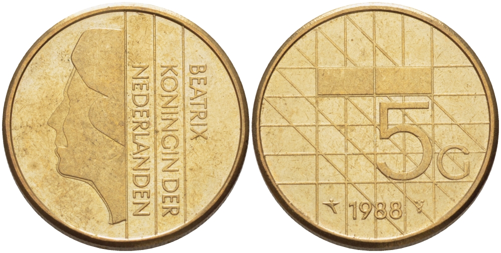Нидерланды 5 гульденов 1988 Беатрикс (1980-2013) KM 210 никель плакированный бронзой 28-723