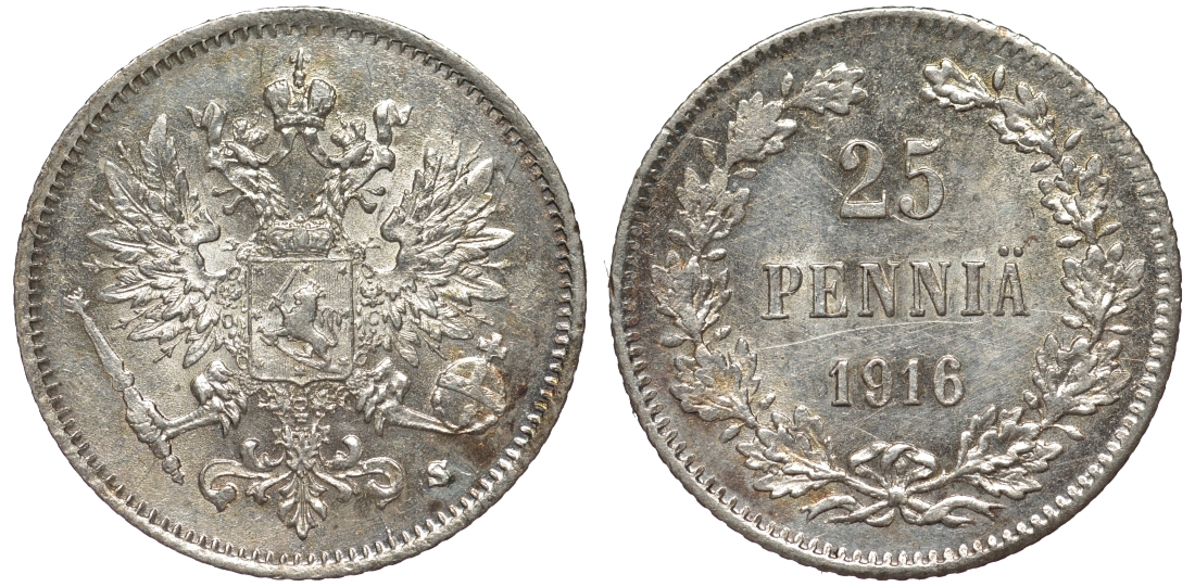 Россия для Финляндии 25 пенни 1916 S, Николай II (1894-1917) KM 6.2, Биткин 421 серебро 75-1334