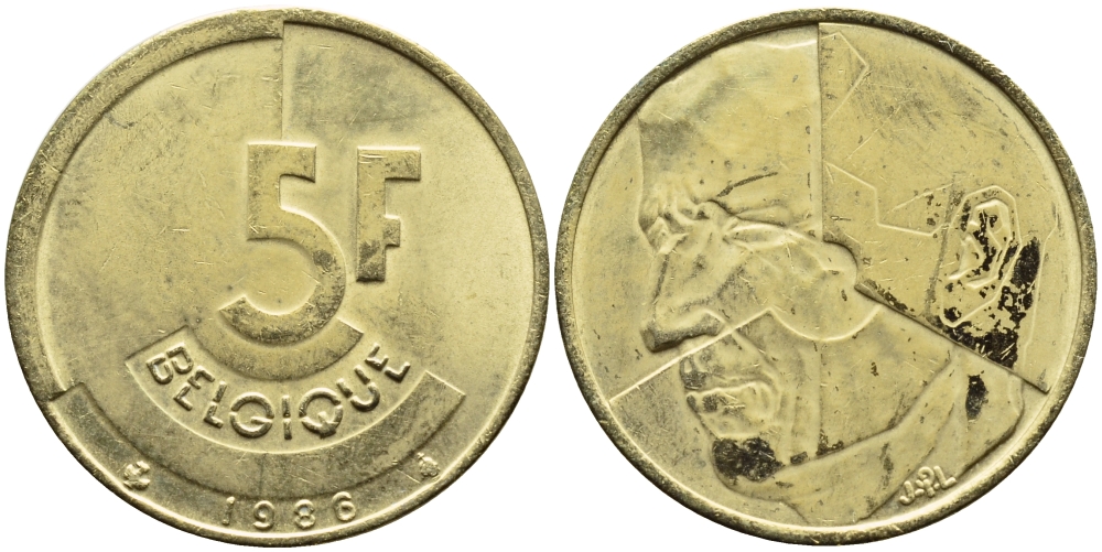 БЕЛЬГИЯ 5 ФРАНКОВ 1986 BELGIQUE KM 163 латунь или алюминевая бронза 4384-1022