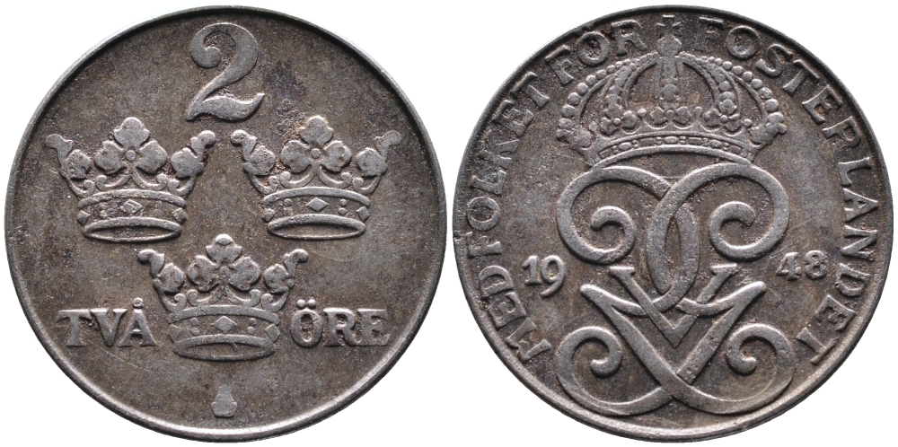 Швеция 2 эре 1948 Густав V (1907-1950) KM 811 железо 4388-1125
