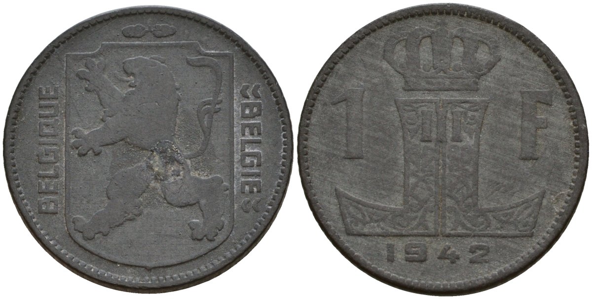 Бельгия 1 франк 1942 Belgique - Belgie, Леопольд III (1934-1947), германская оккупация, Вторая мировая война KM 127 цинк 4161-432