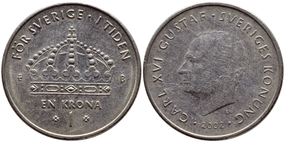 Швеция 1 крона 2002 Карл XVI Густав (1973- ) KM 894 медно-никель 4364-1051