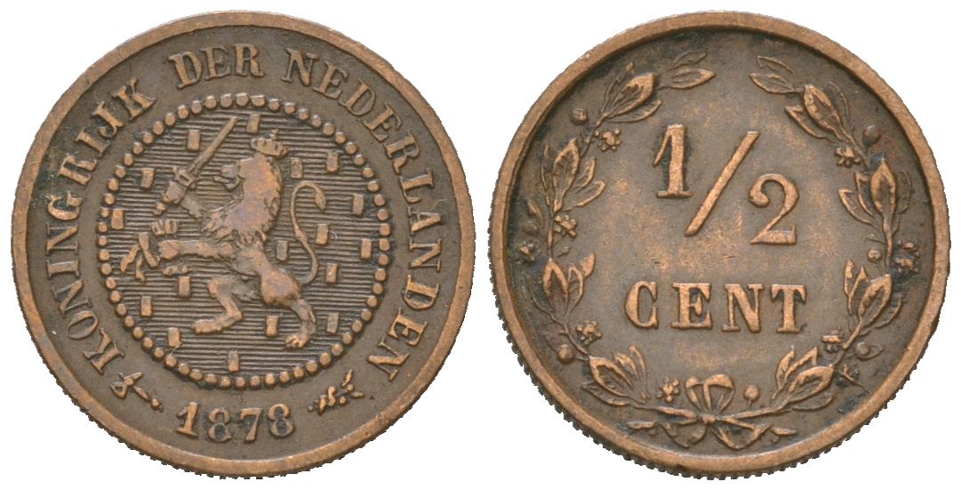 Нидерланды 1/2 цента 1878 Виллем III (1849-1890) KM 109 бронза 4174-338