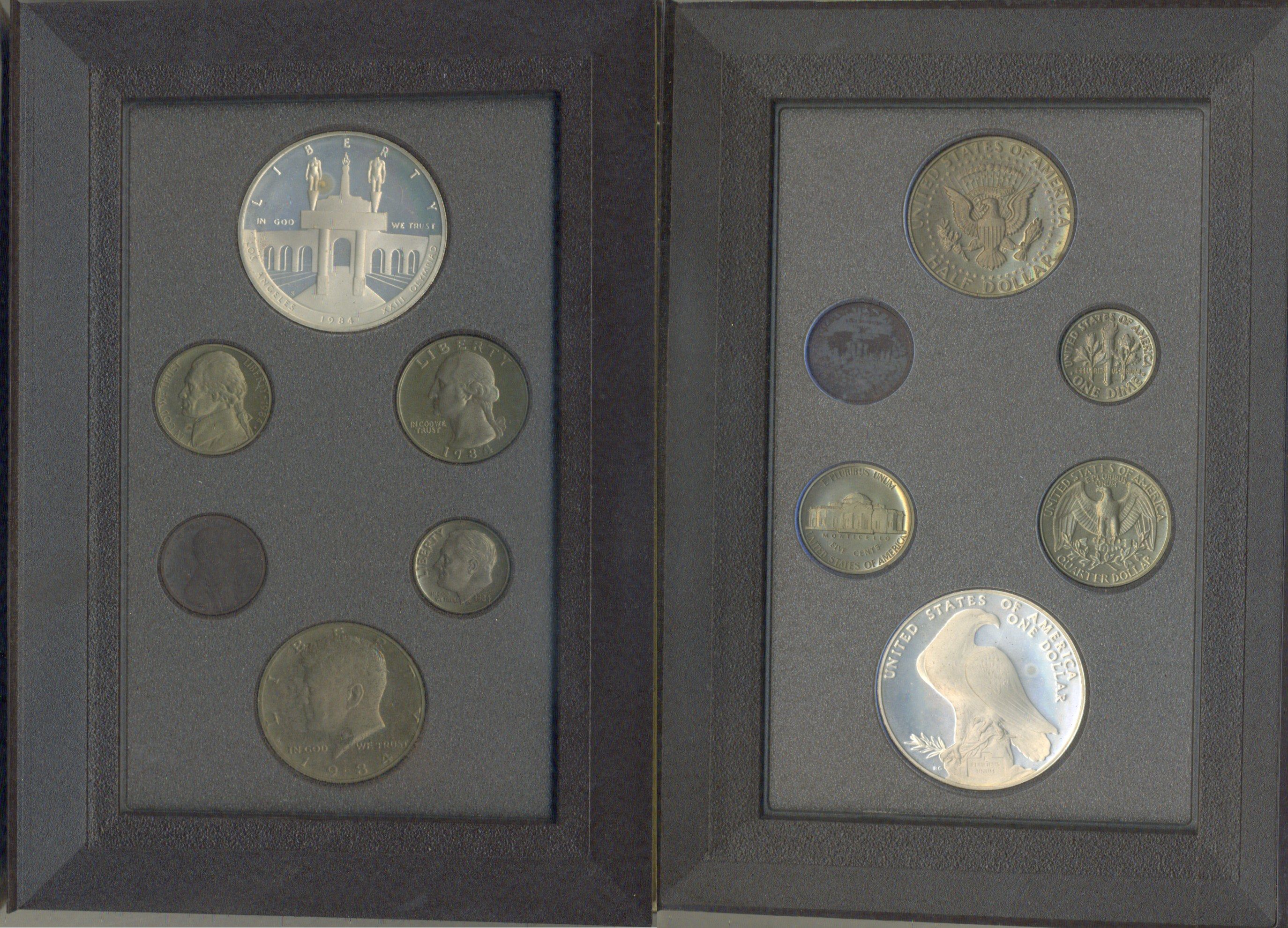 США набор из 6 монет (1, 5, 10 (дайм), 25 (квотер, 1/4 доллара) и 50 (1/2 доллара) центов; 1 доллар) 1984 в оригинальной упаковке, XXIII летние Олимпийские Игры, Лос-Анджелес 1984 KM 164a, A192, 195a, 201b, 202b и 210 PROOF 8-2-06-88