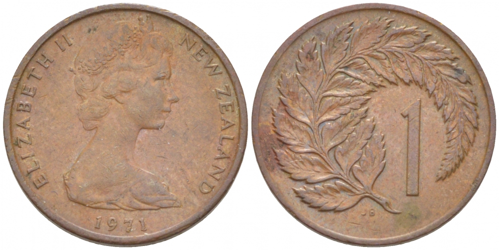 Новая Зеландия 1 цент 1971 Елизавета II (1952-2022), лист папоротника KM 31.1 бронза 214-513