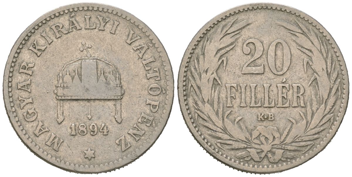 Венгрия 20 филлеров 1894 KB, Франц Иосиф I (1848-1916) KM 483 никель 4615-455