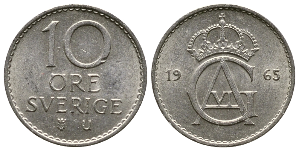 Швеция 10 эре 1965 U, Густав VI Адольф (1950-1973) KM 835 медно-никель 3458-149
