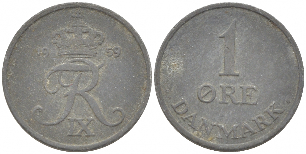 ДАНИЯ 1 ЭРЕ 1959 С; S, ФРЕДЕРИК IX (1947-1972) КМ 839.2 цинк 3309-111