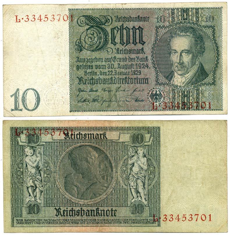 Германия 10 рейхсмарок 1929 Альбрехт Д. Тэер, буква K, серия L Pick 180a, Ros. 173е  бумага 3295-61-1