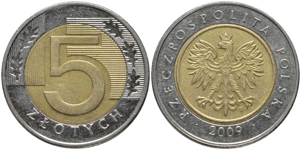 Польша 5 злотых 2009 MW KM 284 биметалл 93-457