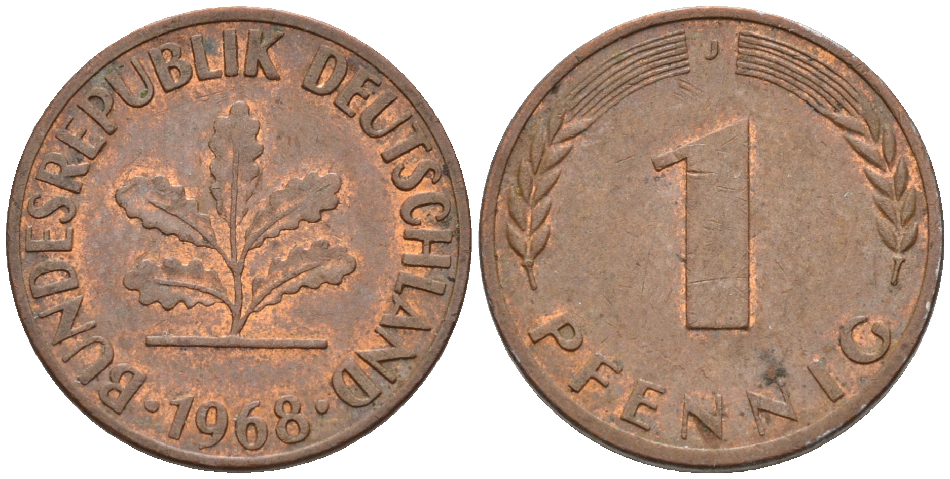 ФРГ 1 пфенниг 1968 J KM 105, J. 380 сталь плакированная медью    4115-123