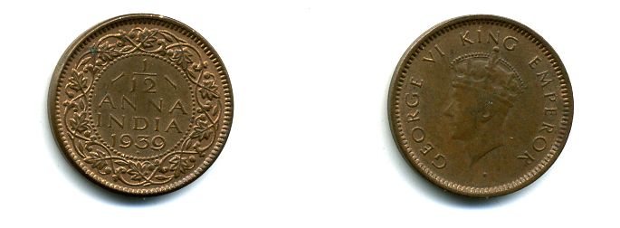 ИНДИЯ 1/12 АННЫ 1939 57-322