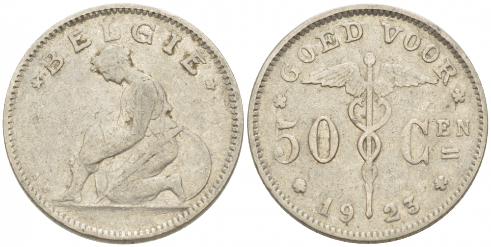 БЕЛЬГИЯ 50 САНТИМОВ 1923 BELGIE KM 88 никель 261-1653