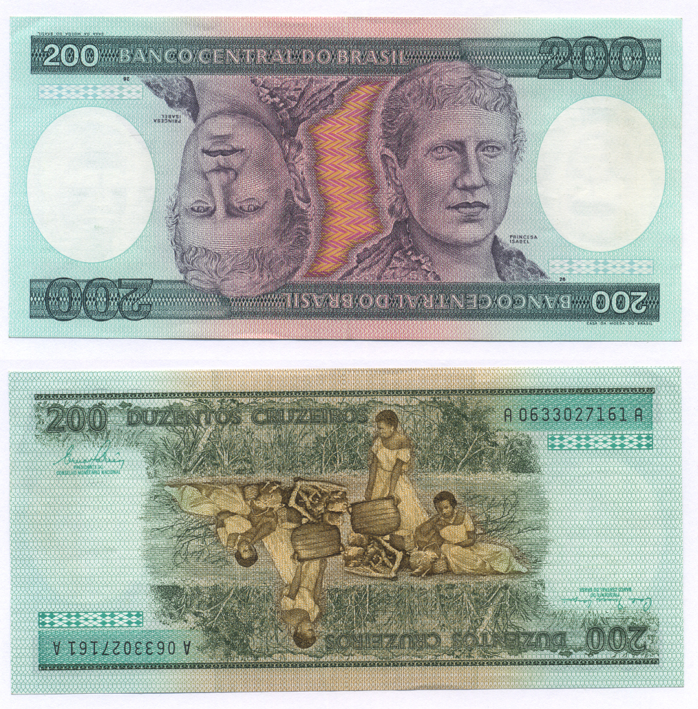 БРАЗИЛИЯ 200 КРУЗЕЙРО 1981 ПОДПИСЬ 20, СЕРИЯ А 0633, ПРИНЦЕССА ИЗАБЕЛА Pick 199a бумага aUNC 7553-24-1