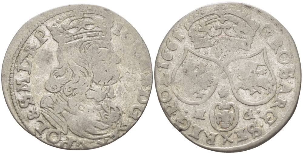 Польша 6 грошей (шостак) 1661 N-G, Ян II Казимир (1648-1668), вес 3,27 гр., легенда (IO CAS) KM 91, Kopinski 87.1 серебро 1517-934
