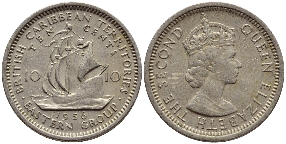 Британские Восточно-Карибские территории 10 центов 1956 Елизавета II (1952-2022), парусник KM 5 медно-никель 4387-437