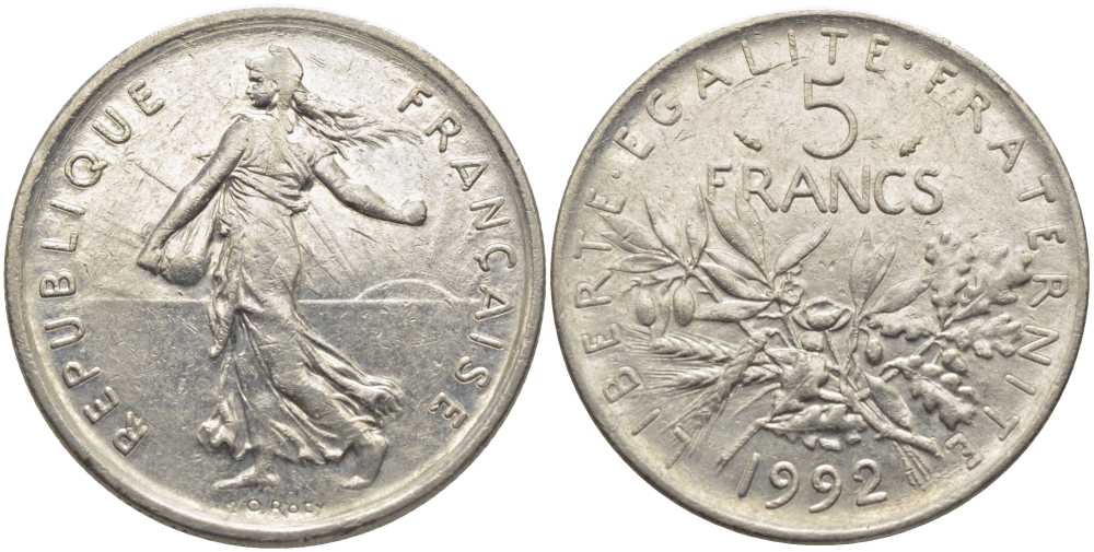 ФРАНЦИЯ 5 ФРАНКОВ 1992 СЕЯТЕЛЬ KM 925а.1, LE FRANC 341.25 медно-никель плакированный никелем 115-525