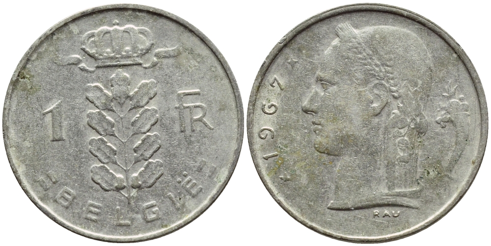 БЕЛЬГИЯ 1 ФРАНК 1967 BELGIE KM 143.1 медно-никель 4395-447