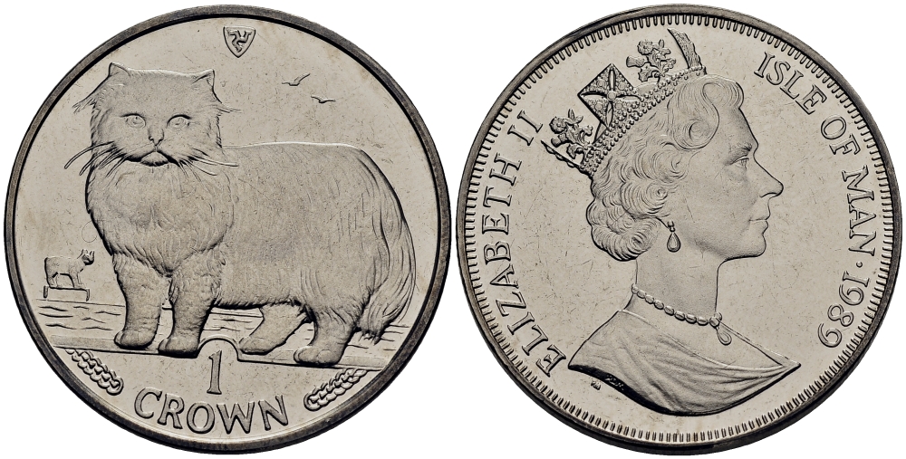 Остров Мэн 1 крона 1989 персидская кошка КМ 250 медно-никель UNC M80-13