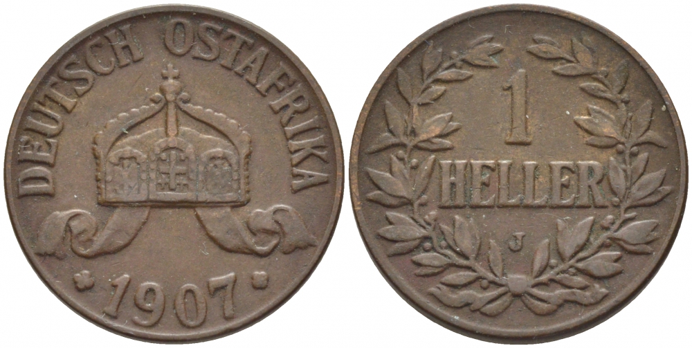 Немецкая Восточная Африка (Танзания) 1 геллер 1907 J, Ost-Africa Jaeger 716, KM 7 бронза 4448-411