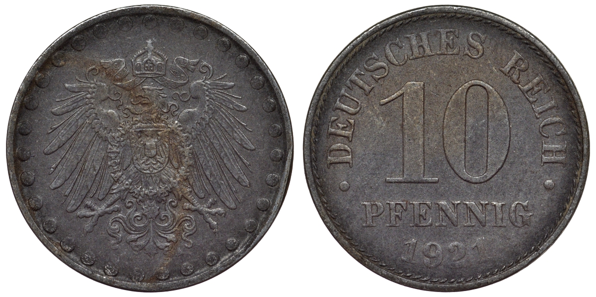 Германия 10 пфеннигов 1921 A KM 20, J. 298 железо 4119-155