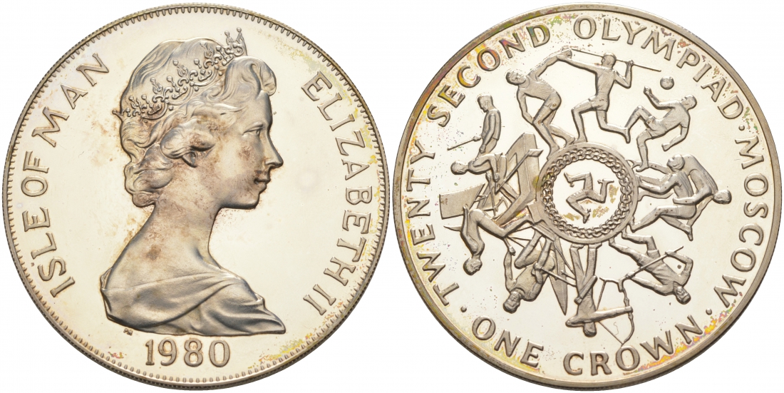 Остров Мэн 1 крона 1980 XXIII Олимпиада 1980 года в Москве, виды спорта KM 66a серебро PROOF 11-056-13