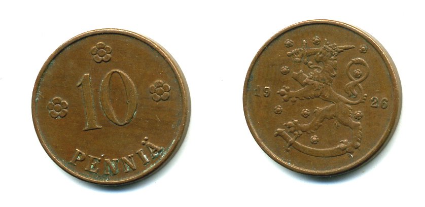 Финляндия 10 пенни 1926 республика (1918-1962) KM 24 медь 46-2655