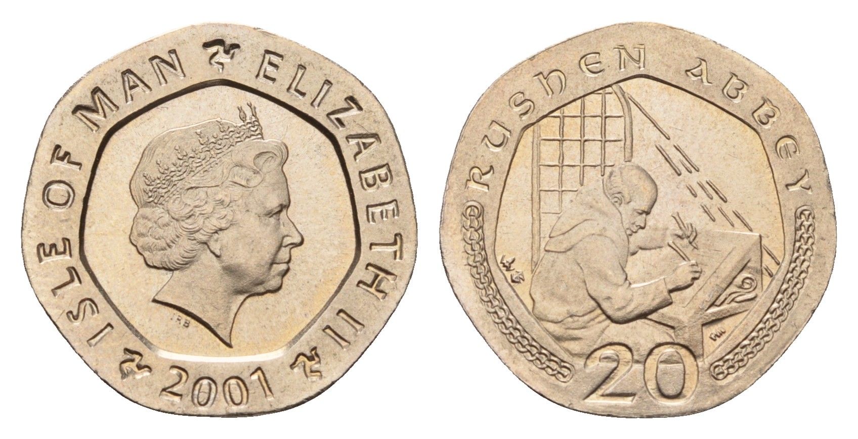 Остров Мэн 20 пенсов 2001 KM 1040 медно-никель UNC 3459-1223