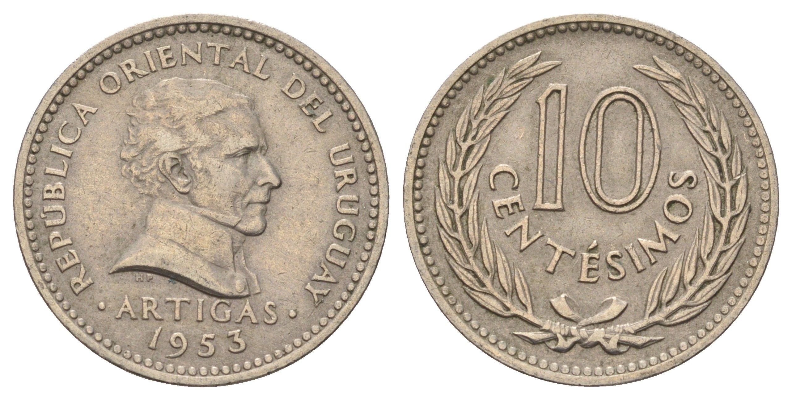 Уругвай 10 сентесимо 1953 KM 35 медно-никель 4172-341