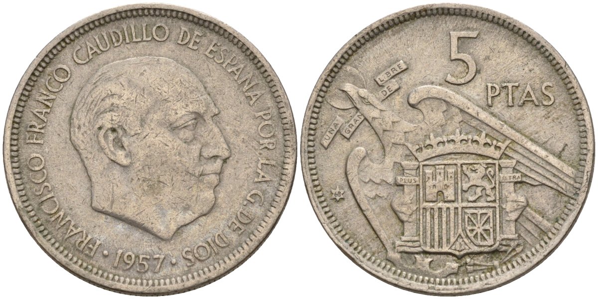 Испания 5 песет 1957 (68) Франсиско Франко (1939 - 1975) KM 786 медно-никель 4155-535