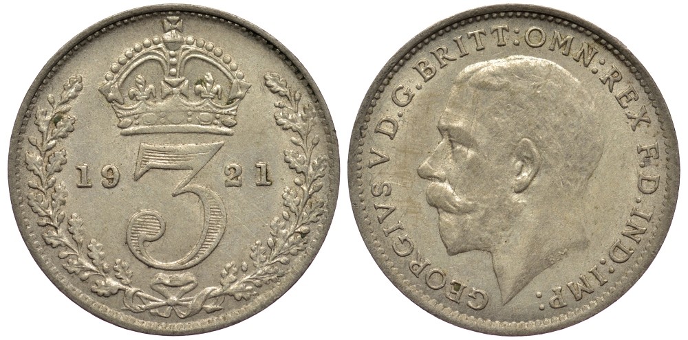 Великобритания 3 пенса 1921 Георг V (1910-1936) KM 813а, Spink 4026 серебро 4528-531