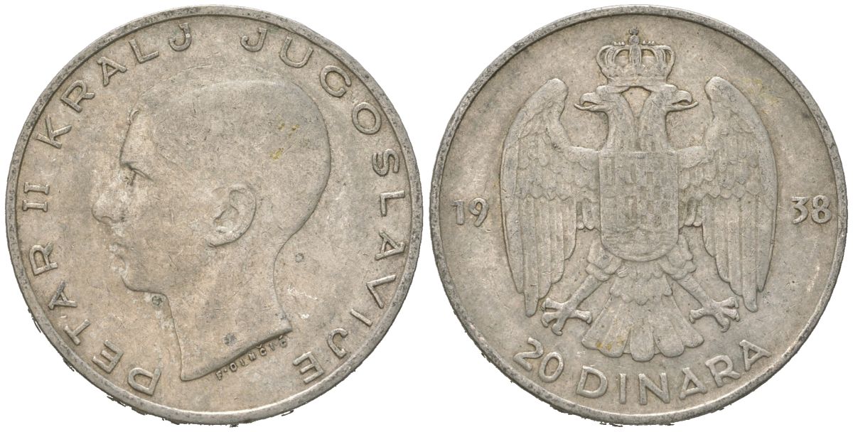 Югославия 20 динаров 1938 Петр II (1934-1945) KM 23 серебро 4177-626