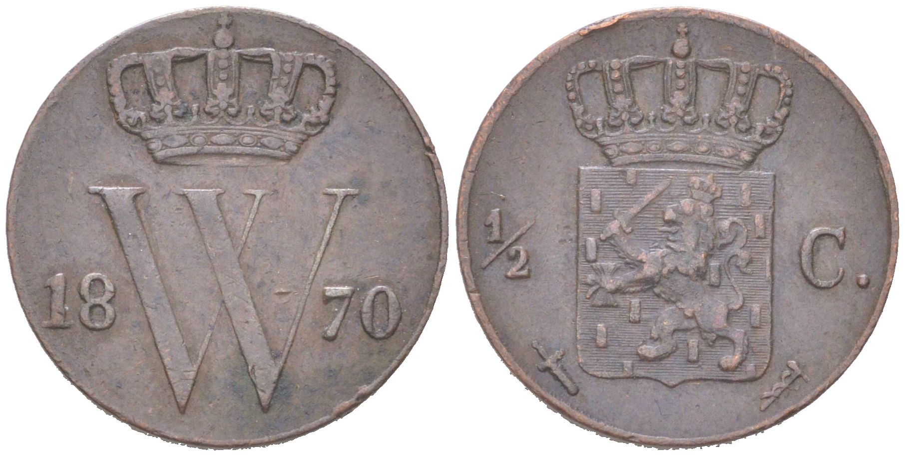 Нидерланды 1/2 цента 1870 Виллем III (1849-1890) KM 90 медь 4044-1333